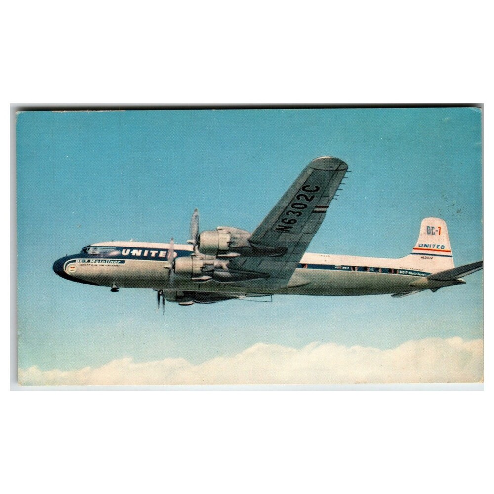United Air Lines DC-7 Mainliner Airplane Vintage Postcard N6302C Aviation